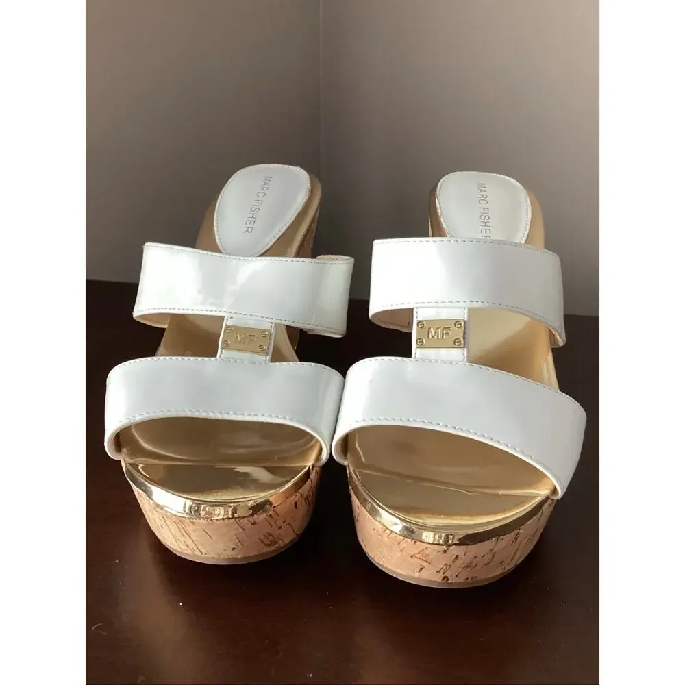 Marc Fisher Women's wedges sandals white straps gold tones cork platform heel 7